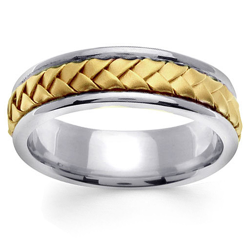 7mm Modern Handmade Yellow Braid Men's Wedding Band - 14K Two-Tone Gold